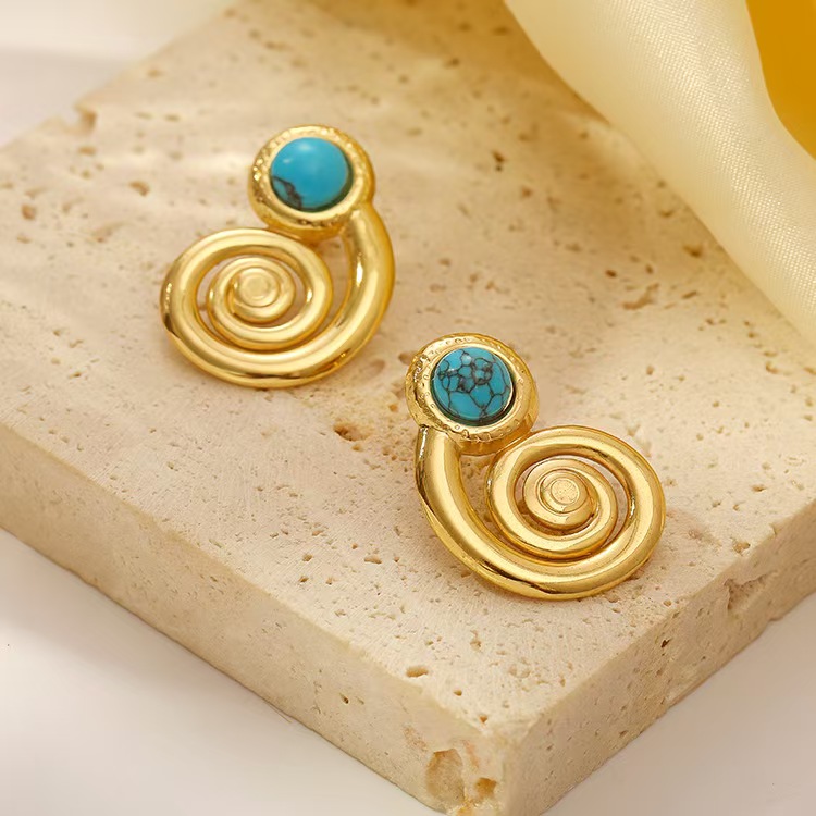 European and American retro stainless steel women's geometric inlaid spiral ring earrings