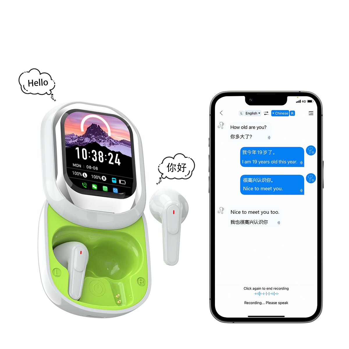 AI Real-Time Translation Earbuds Two-Way Translator HD Sound LED Smart Screen Business Travel