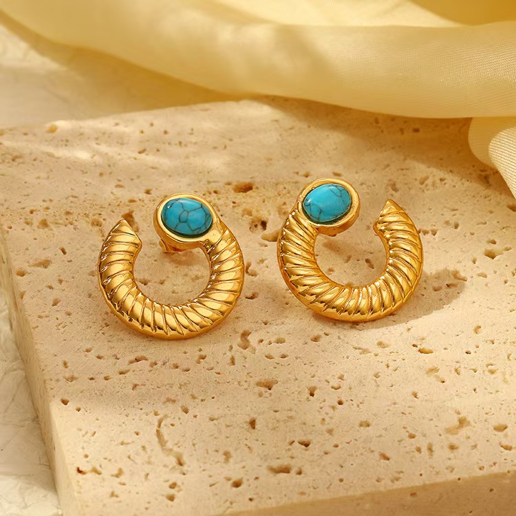 French retro stainless steel geometric design turquoise earrings