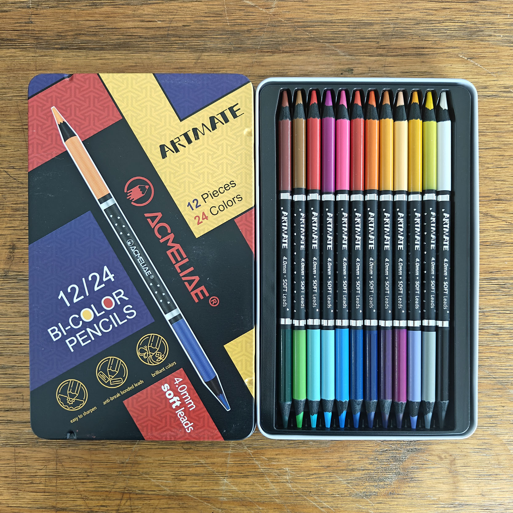Premium coloring pencil set black wood bicolor pencils tin box set