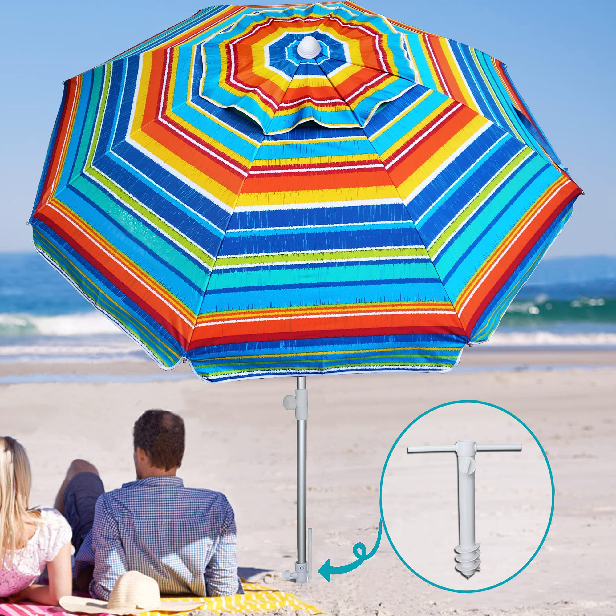 Outdoor UV Protection Windproof Beach Umbrellas with Sand Anchor