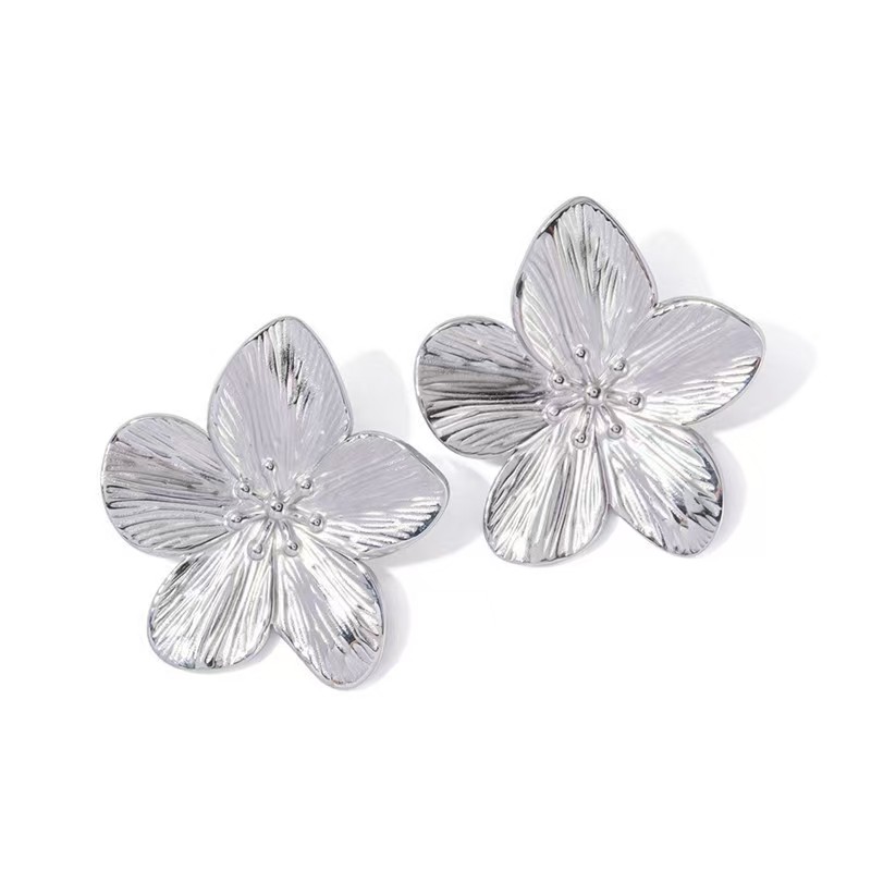 Palace style retro exaggerated silver five petal flower stainless steel earrings