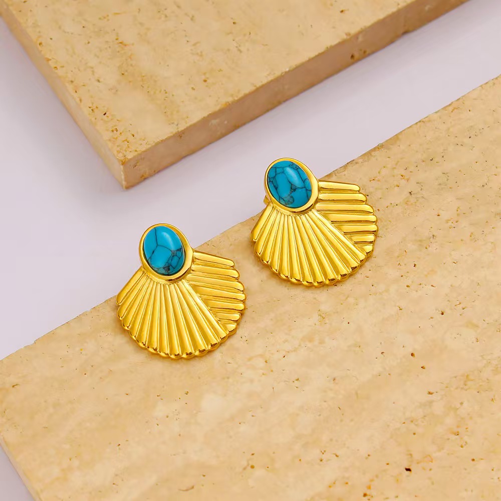French retro turquoise stainless steel geometric fan-shaped earrings