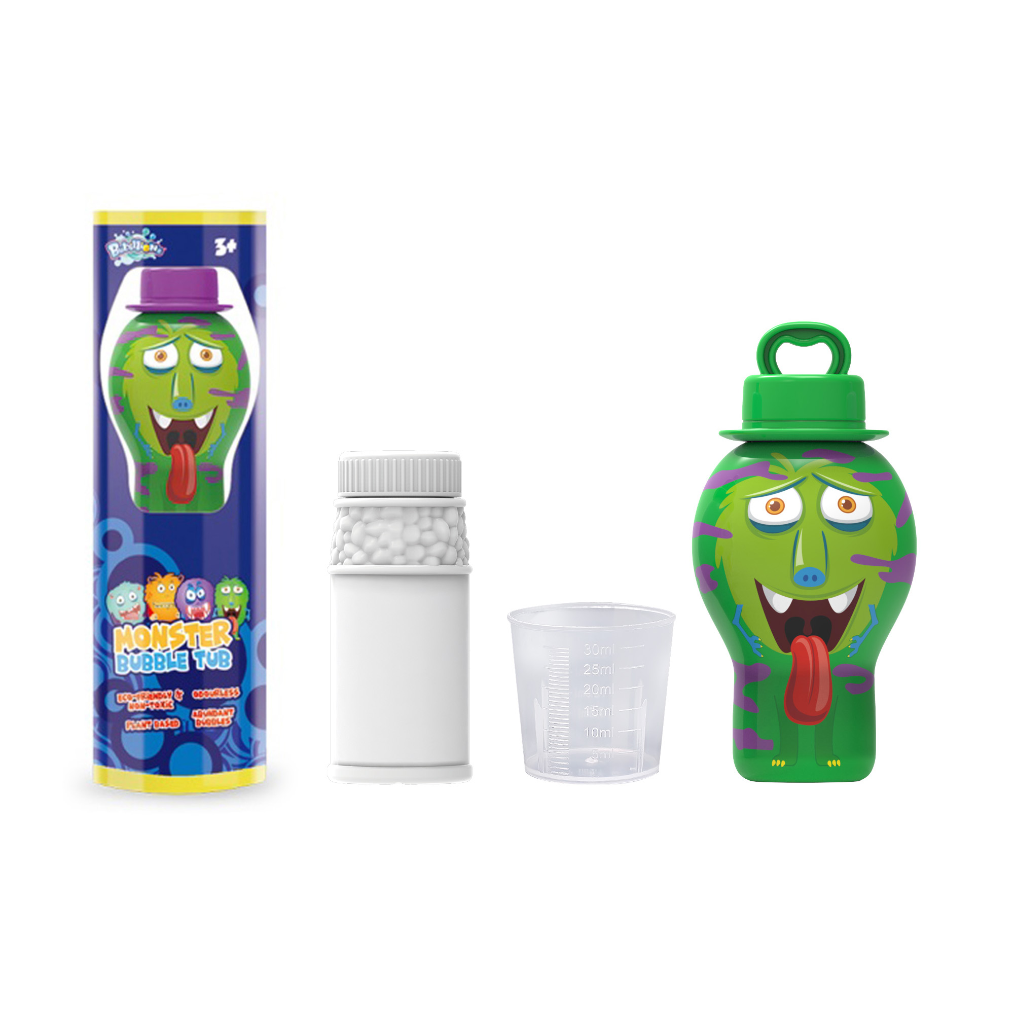 30ml Monster No Spill Bubble Bottle + 60ml bubble solution + Measuring cup in PVC tube 24pcs/PDQ