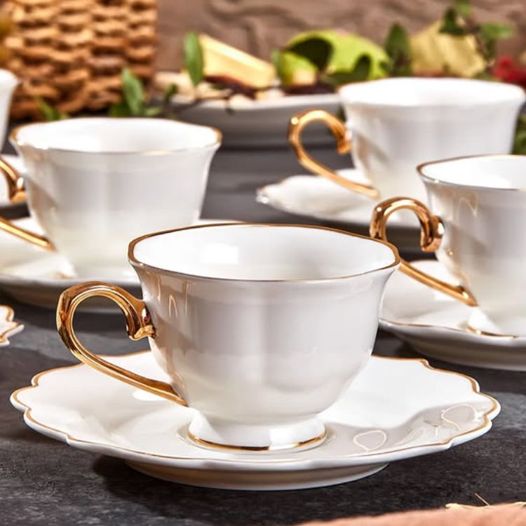 Customized gold and white line ceramic new bone tea cup set, tea cup and saucer set