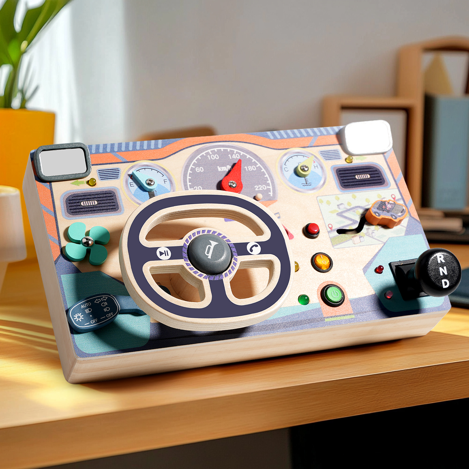 Qiaike Busy Board Montessori Wooden Educational Toy LED Switch Toy Simulation Steering Wheel