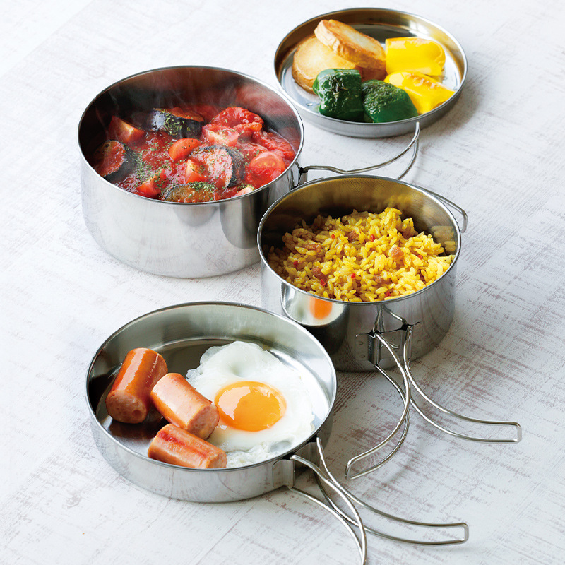 Wholesale Custom Camping Stainless Steel Four-piece Cookware Lunch Box Set With Folding Handle