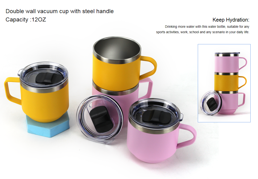 Double wall vacuum cup with steel handle