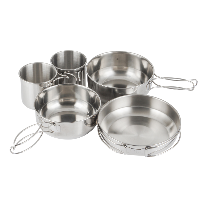Custom Camping Portable Stainless Steel 304 5-piece Cooking Pot Lunch Box Bowl Cup Dinnerware Set