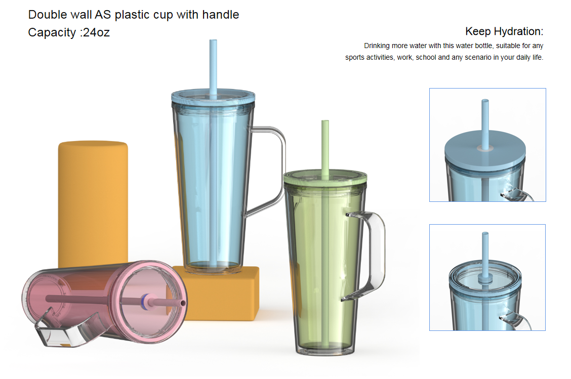 Double wall AS plastic cup with handle