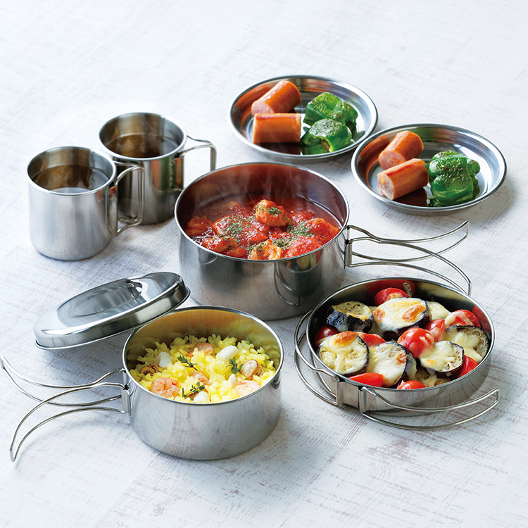 Wholesale Custom Logo Stainless Steel 410 8-piece Cooking Pot Lunch Box Cup Plate Dinnerware Set