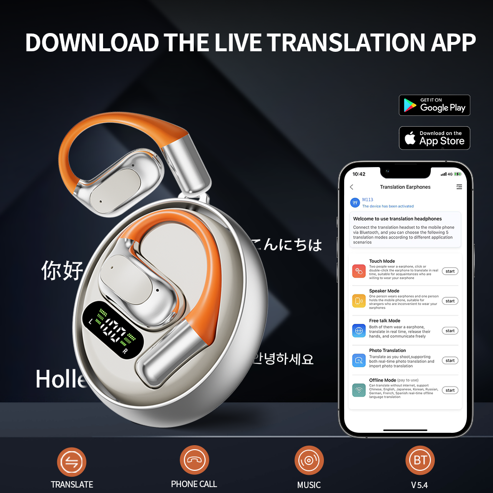 Language Translation Earbuds Real Time, AI Translator Earbuds, 144-Language Real-time Two-Way Earbud