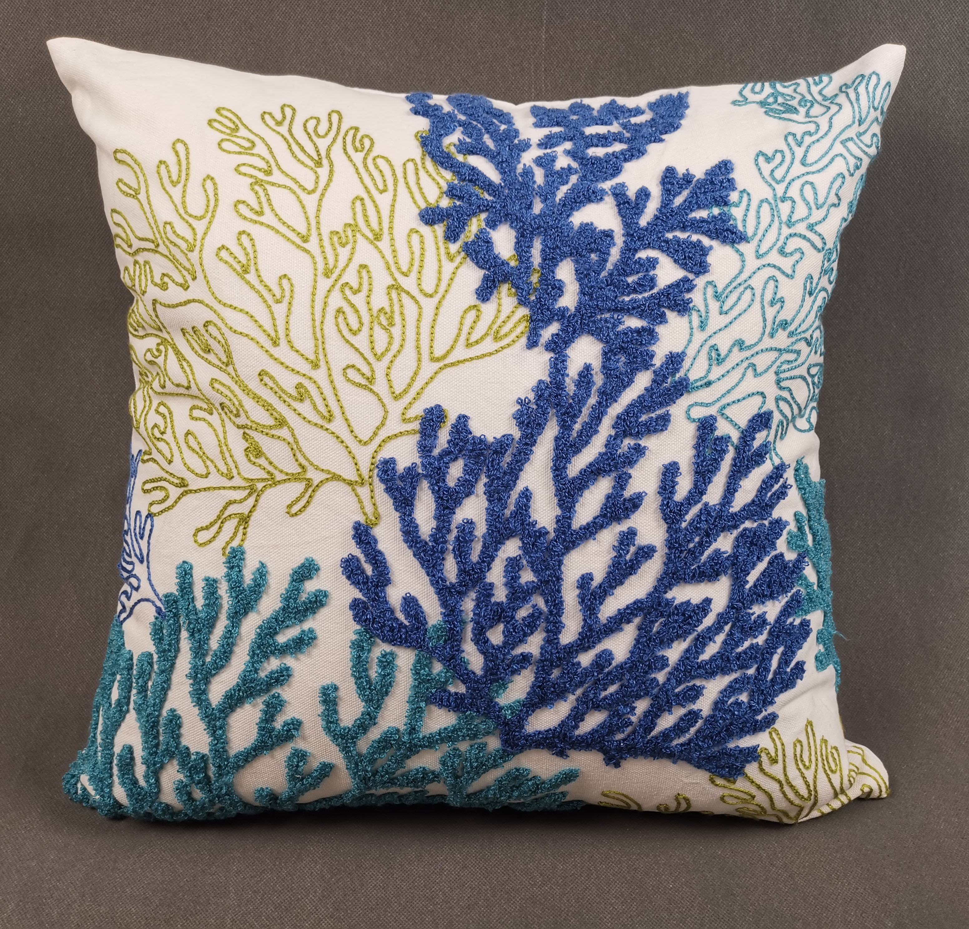 Towel embroidery and chain embroidery cushion with coral pattern