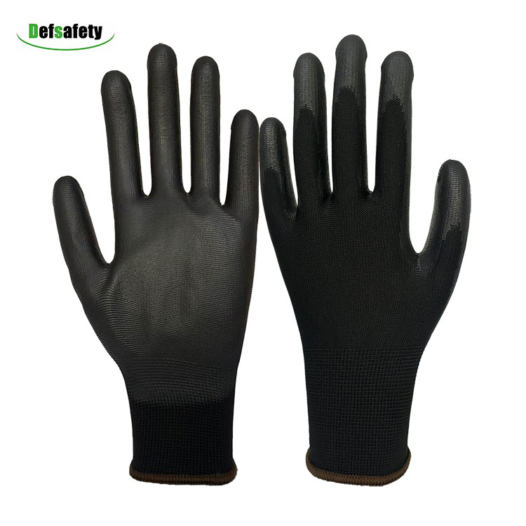 13G black polyester black pu coating gloves