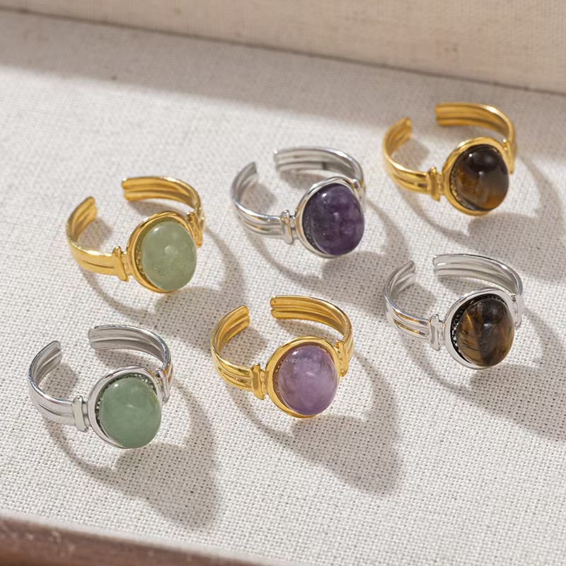 European and American retro opening natural stone stainless steel ring