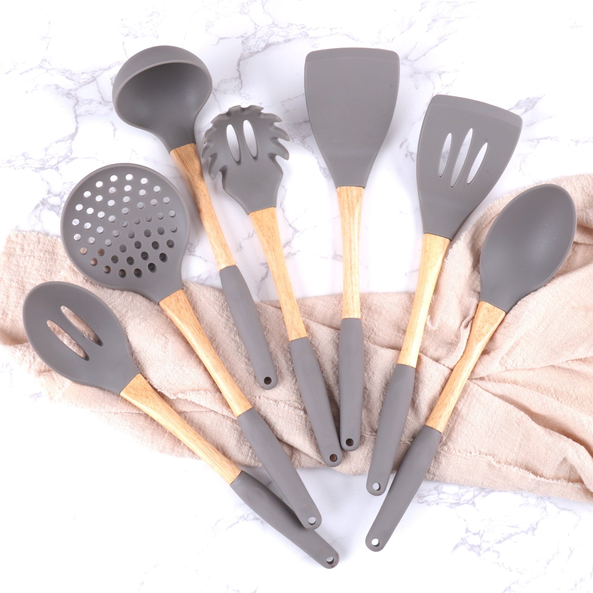 Wooden handle silicone kitchenware set Non-stick frying Silicone Cooking spatula spoon Kitchen tools
