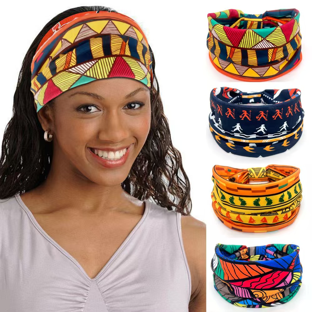 European and American women's printed pattern wide edge elastic knotted headband