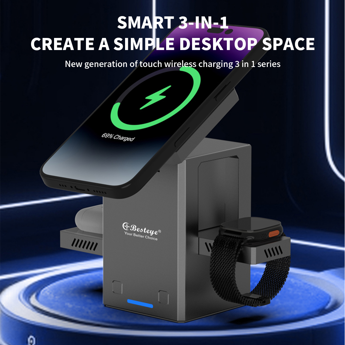 Multi-Function 15W Qi Fast Wireless Charger Stand Charger Holder for Smartphone Smartwatch i-watch