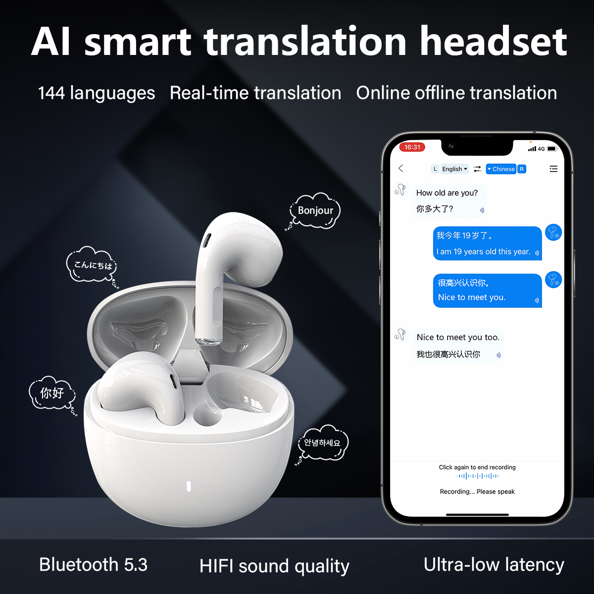 AI Smart 144 Language Two Way Real Time Wireless Translator Earbuds 3-in-1 AI Translator Earbuds
