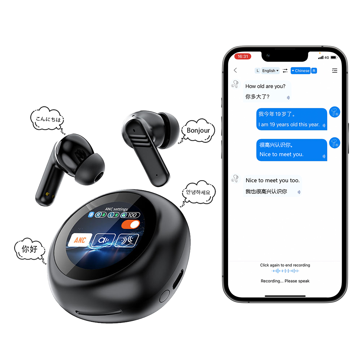 Smart Translation Wireless Earbuds with touch screen Support 144 Languages Translator Earphones