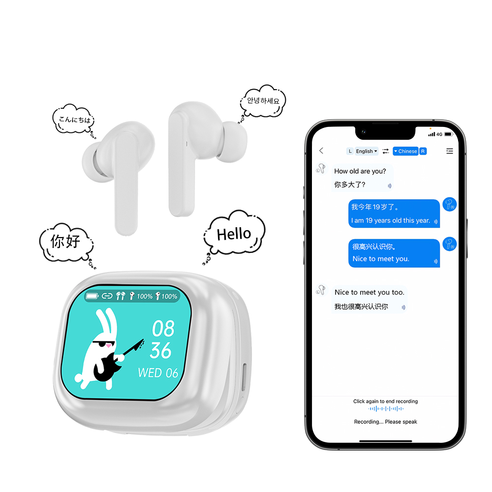 AI Translator Earbuds Global 144 Languages Ear Hook Wireless Headphones Touch Screen Headphones