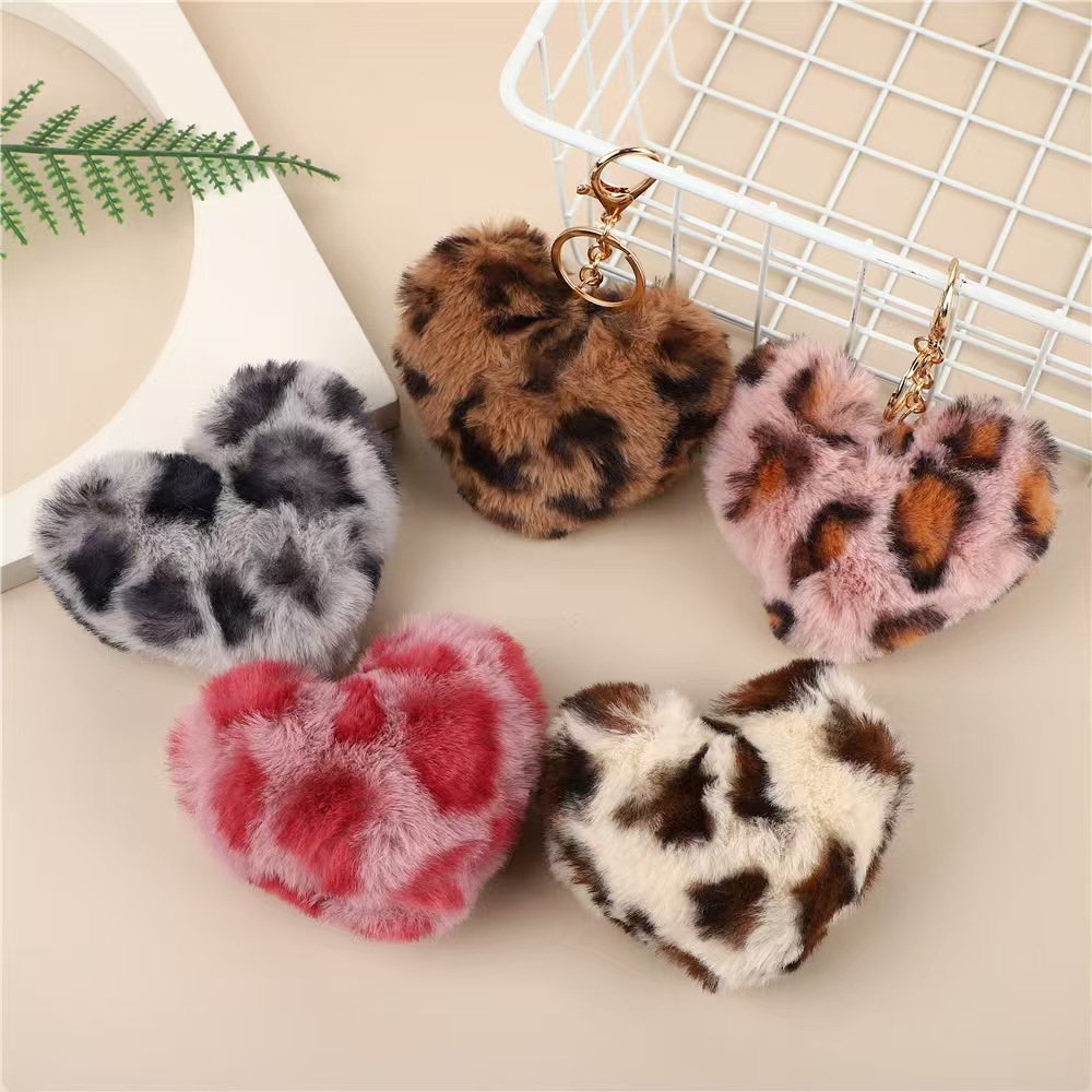 Multi colored plush heart-shaped leopard print keychain
