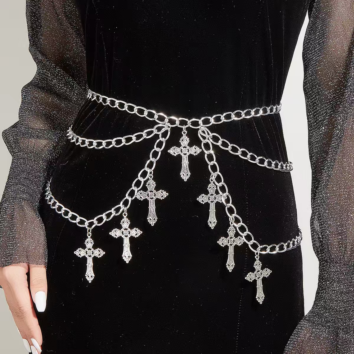 European and American accessories hollowed out cross pendant, wave side swing waist chain