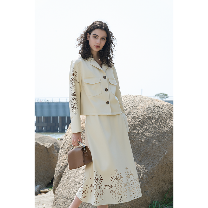 Beige laser-cut leather jacket set