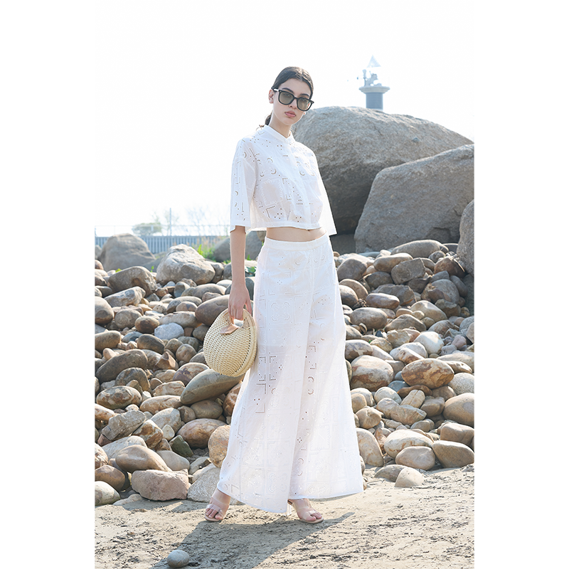 Perforated embroidered shirt and pants suit