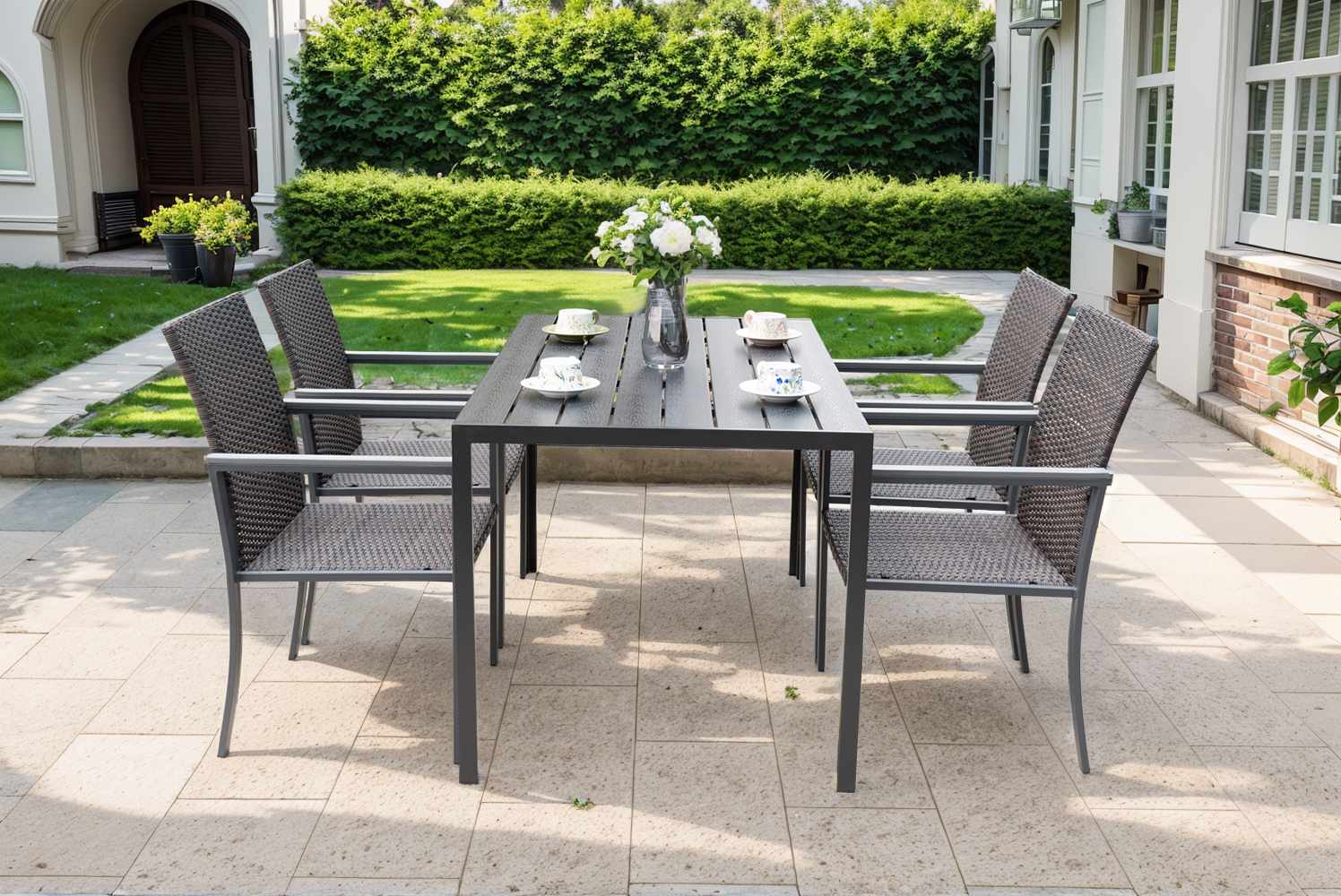 Plastic wood table rattan single chair five-piece set