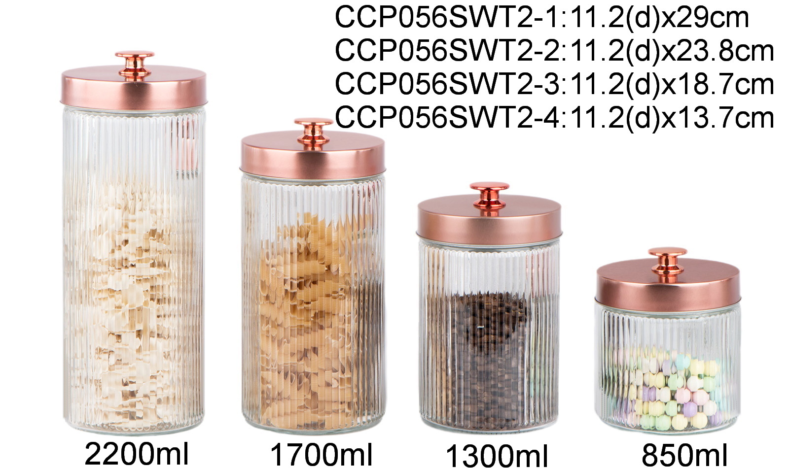 Glass jar with metal handle lid with embossed vertical lines
