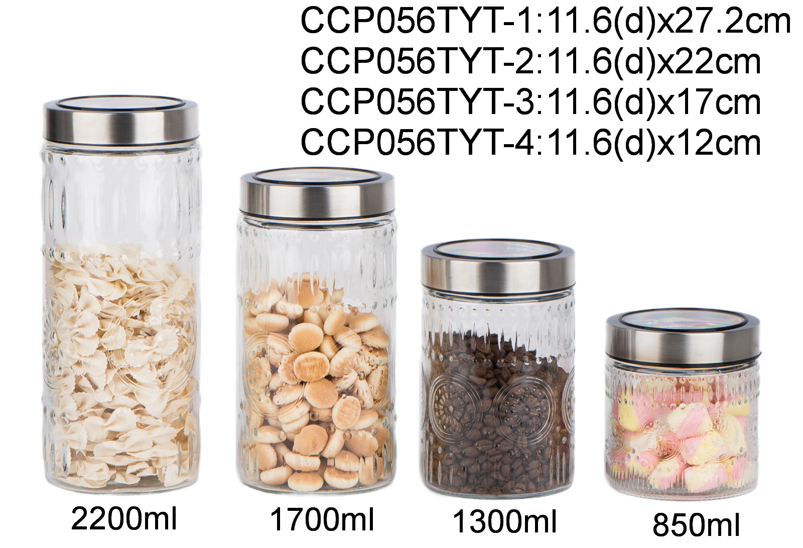 Glass food storage jar with acrylic stainless steel lid with embossed sunflower pattern