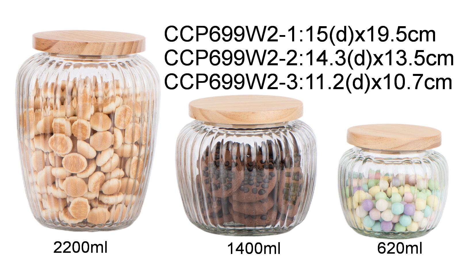 glass food jar with wooden lid with vertical lines