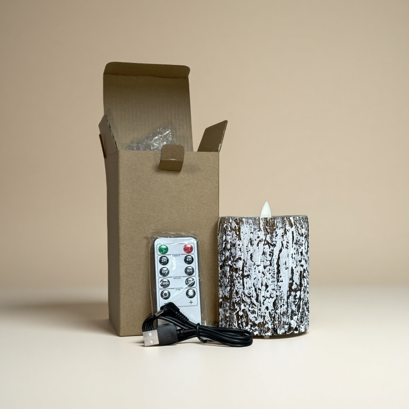 Rechargeable LED Pine Bark Flameless Candles with Timer Remote - Real Wax USB