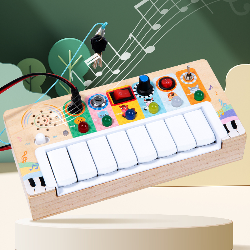 Qiaike Baby Wooden Piano Practice Busy Board with 6 LED Light switches