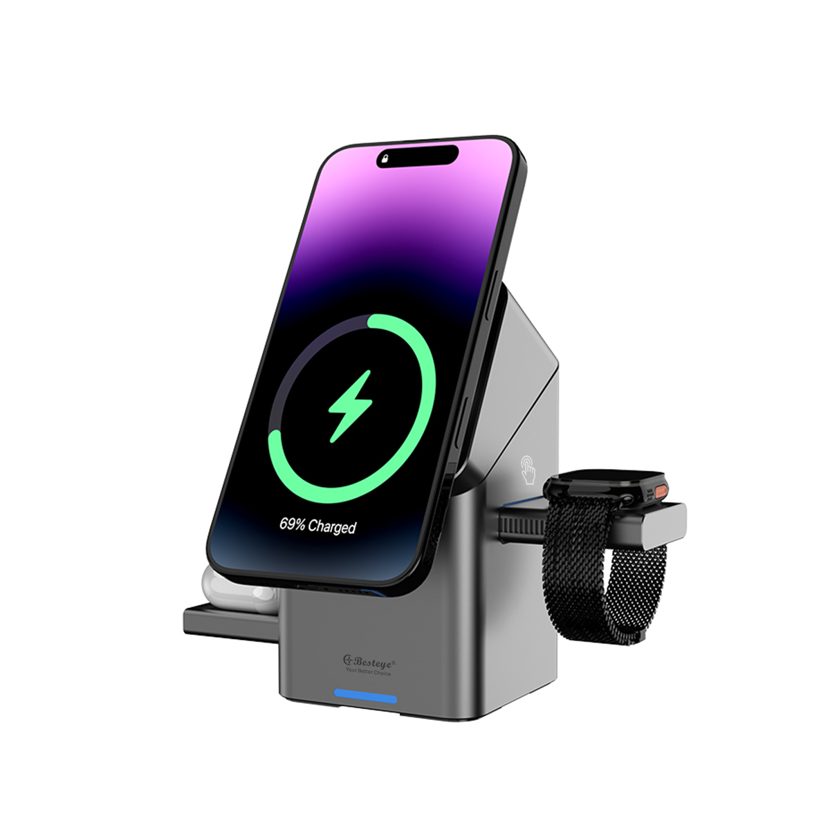 15W Fast Charge,Earphone Phone Watch Charging Station with Auto Rotation