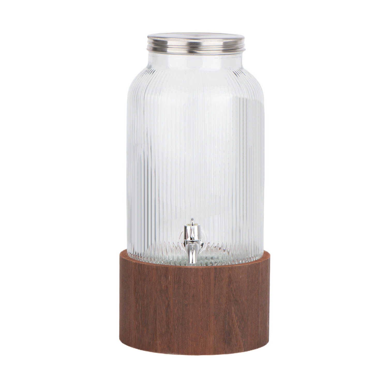 5.3L embossed glass juice dispenser with stainless steel lid and wood rack