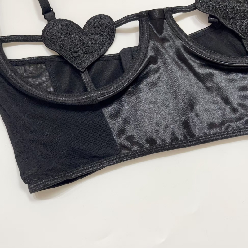 Women's sexy hollow-out and sheer three-piece bra set