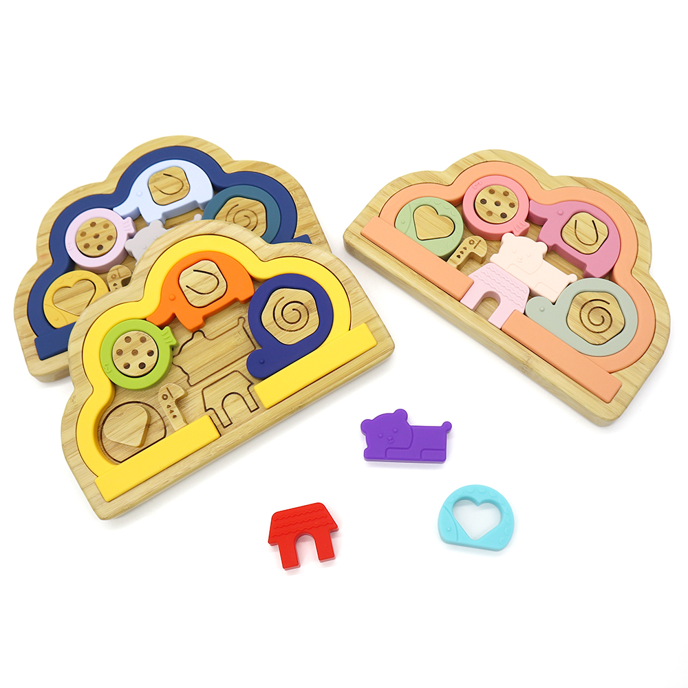 Desk Educational Baby Learning Toy 3D Animal Shape Silicone Wooden Kids Puzzle Toy