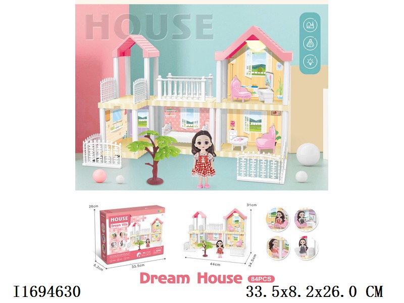 DIY dream house villa with lights + 6'doll include battery 84pcs