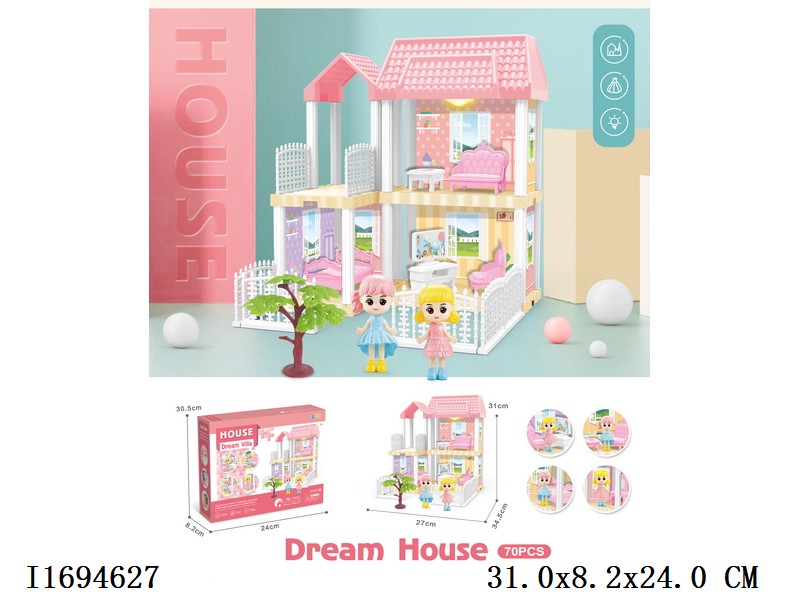 DIY dream house villa with lights + princess include battery 70pcs