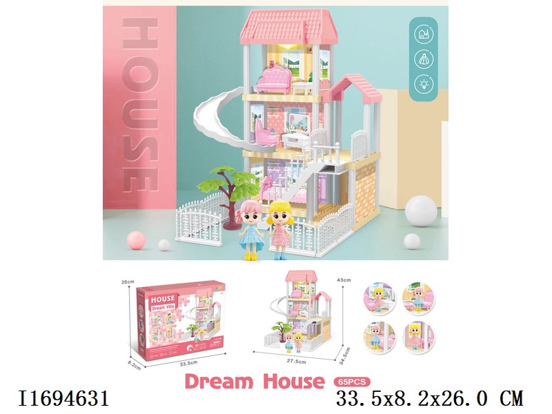 DIY dream house villa, with lights + princess include battery 65pcs