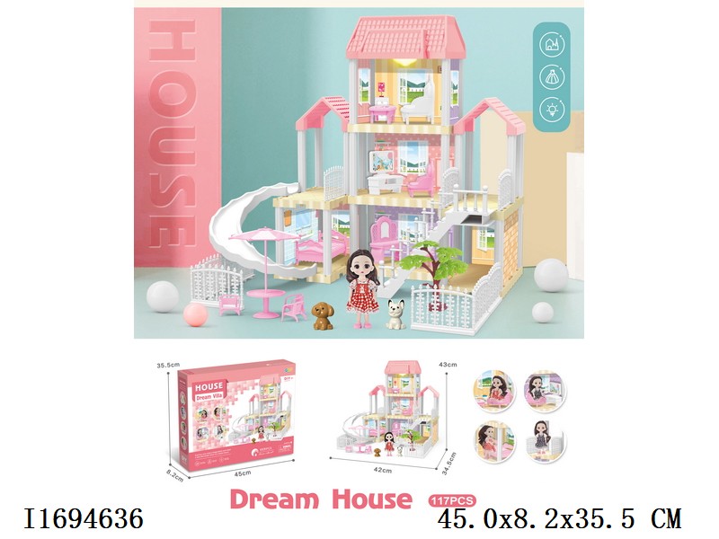 DIY dream house villa, with lights + 6'doll include battery 117pcs