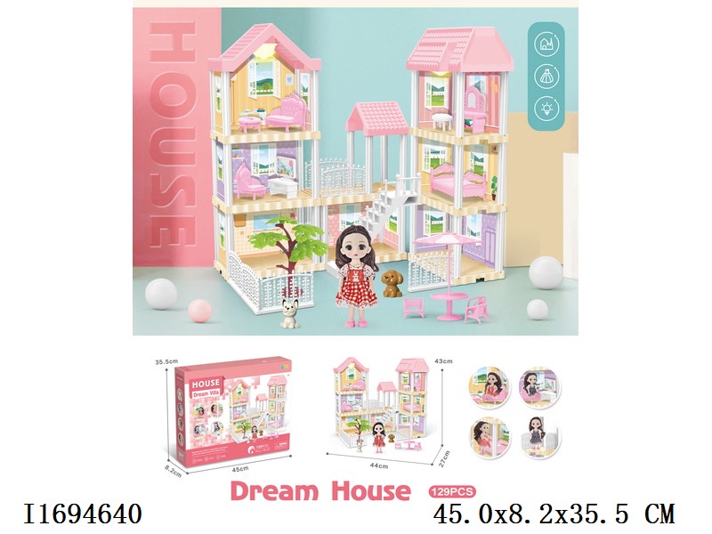 DIY dream house villa, with lights + 6'doll include battery 129pcs