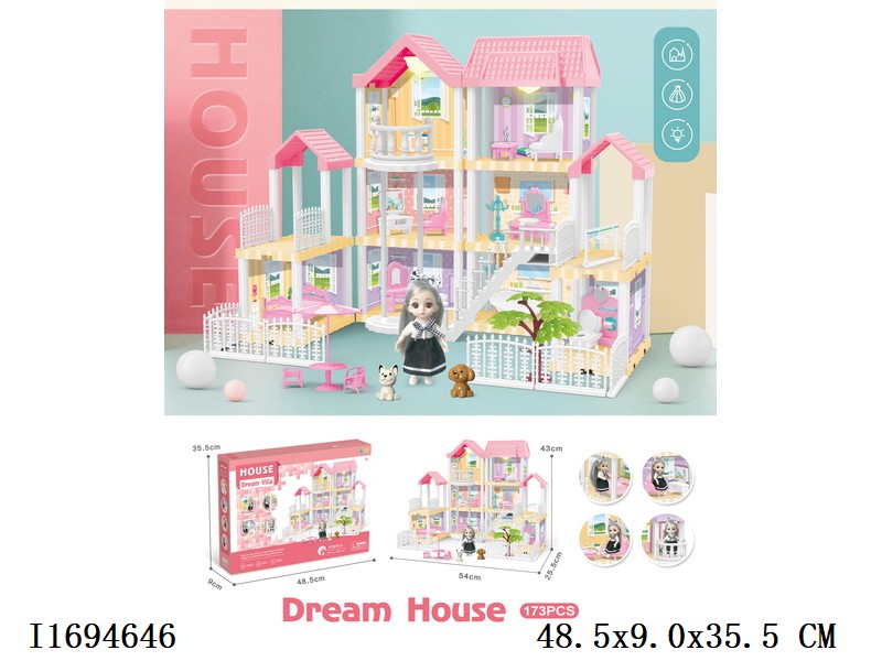 DIY dream house villa, with lights + 6'doll include battery 173pcs
