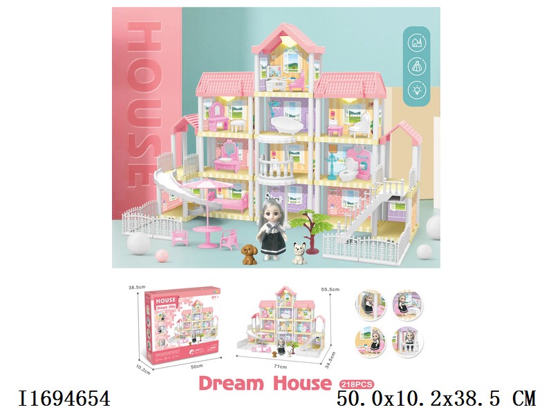 DIY dream house villa, with lights + 6'doll include battery 218pcs