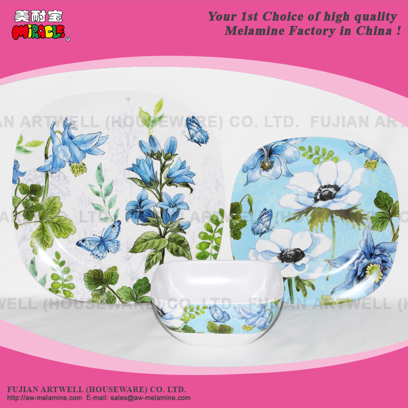 Melamine Square Dinner Plate, Melamine Sq Dessert Plate, Melamine Sq Bowl, 12 Pc Melamine Dinner Set