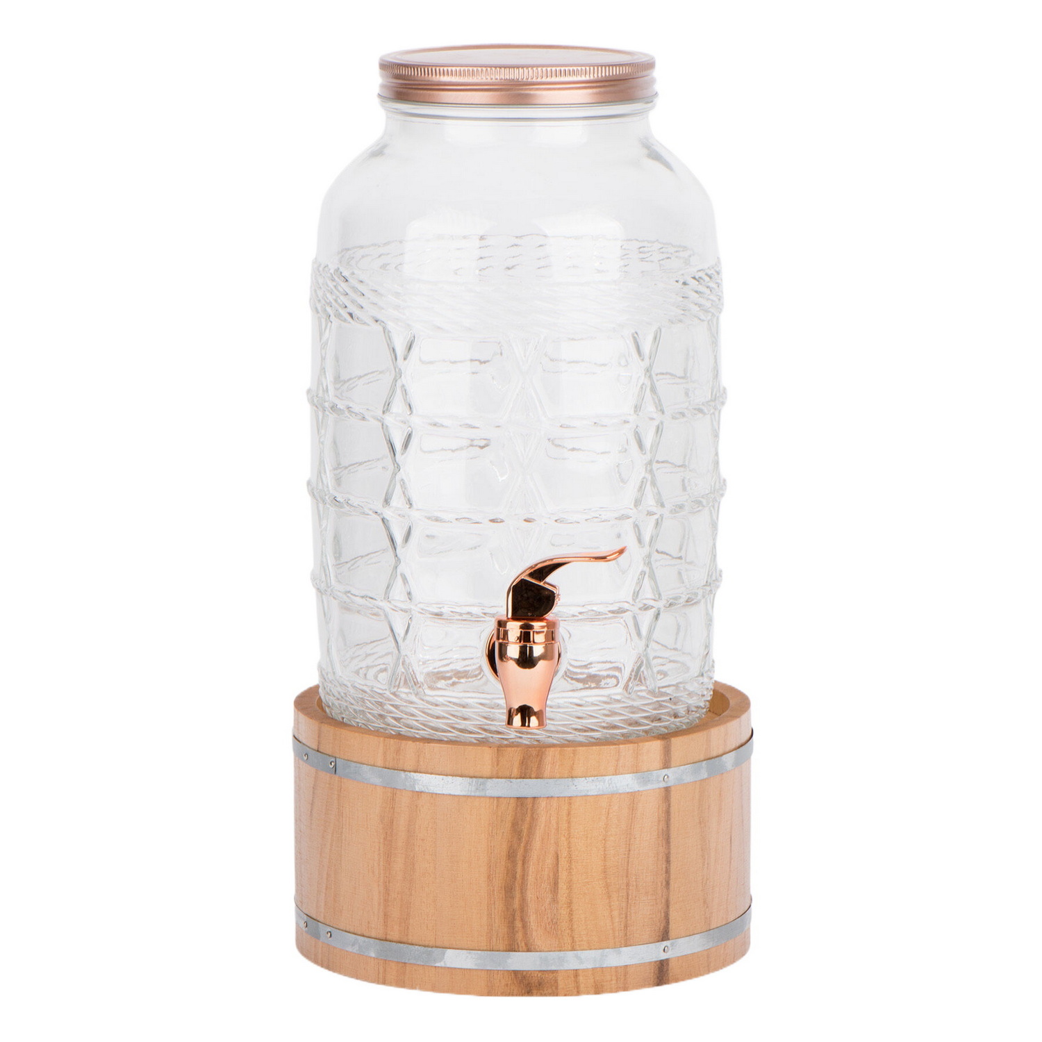 4L embossed glass juice dispenser with bronze gold lid and wood rack