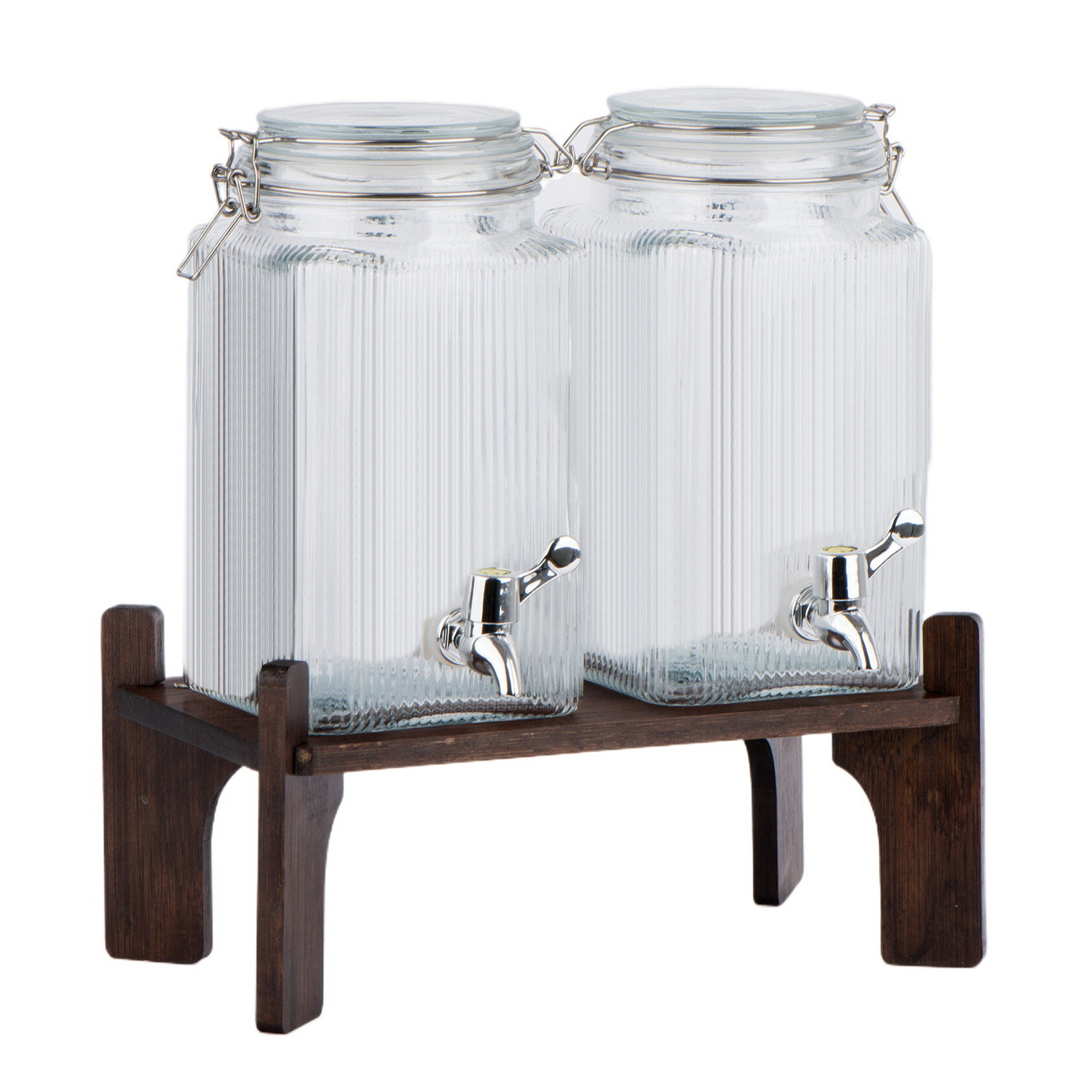 2pcs embossed glass juice dispenser with clip lid and wood rack