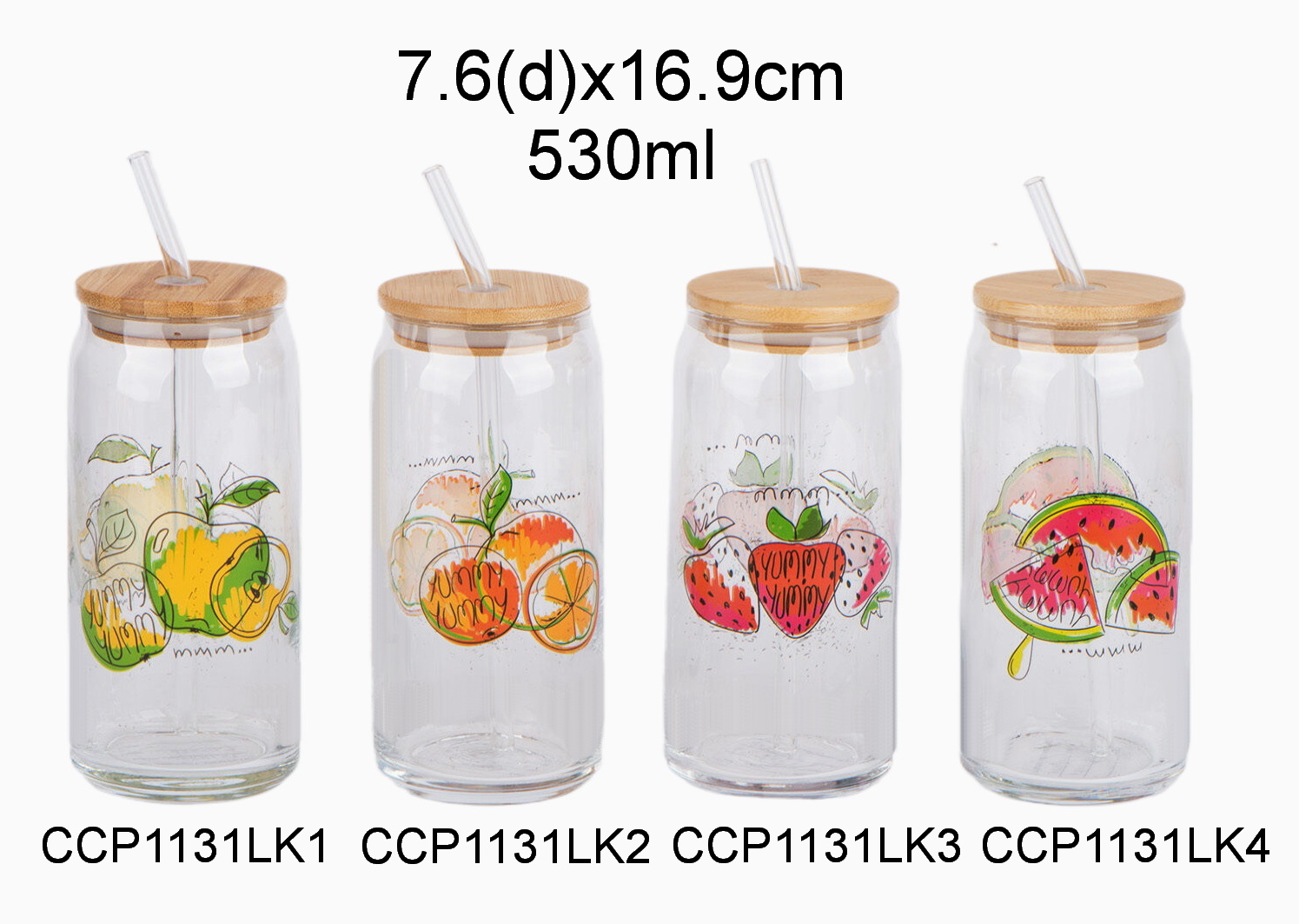 glass cup with bamboo lid and straw with decal printing